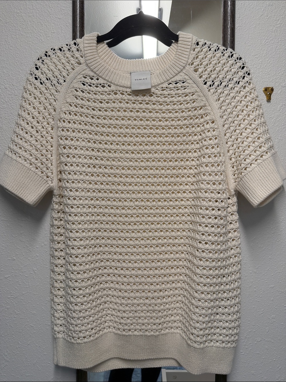 Varley Cream Open-Weave Short Sleeve Crew Sweater